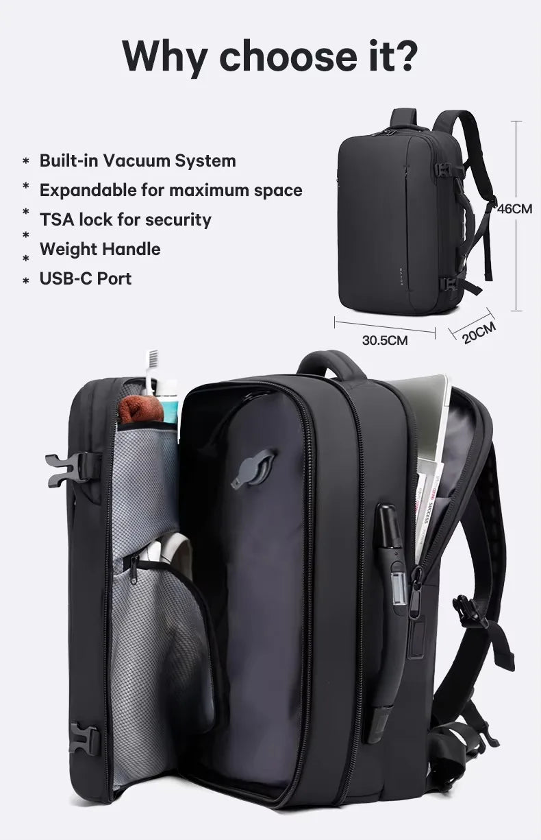 Vacuum backpack with pump compression backpack for travel,36L Backpack With Vacuum Seal Anti theft Storage Weighable