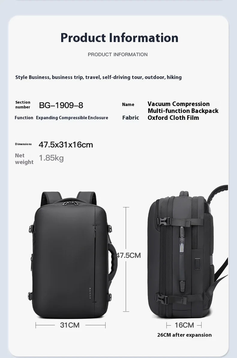 Vacuum backpack with pump compression backpack for travel,36L Backpack With Vacuum Seal Anti theft Storage Weighable